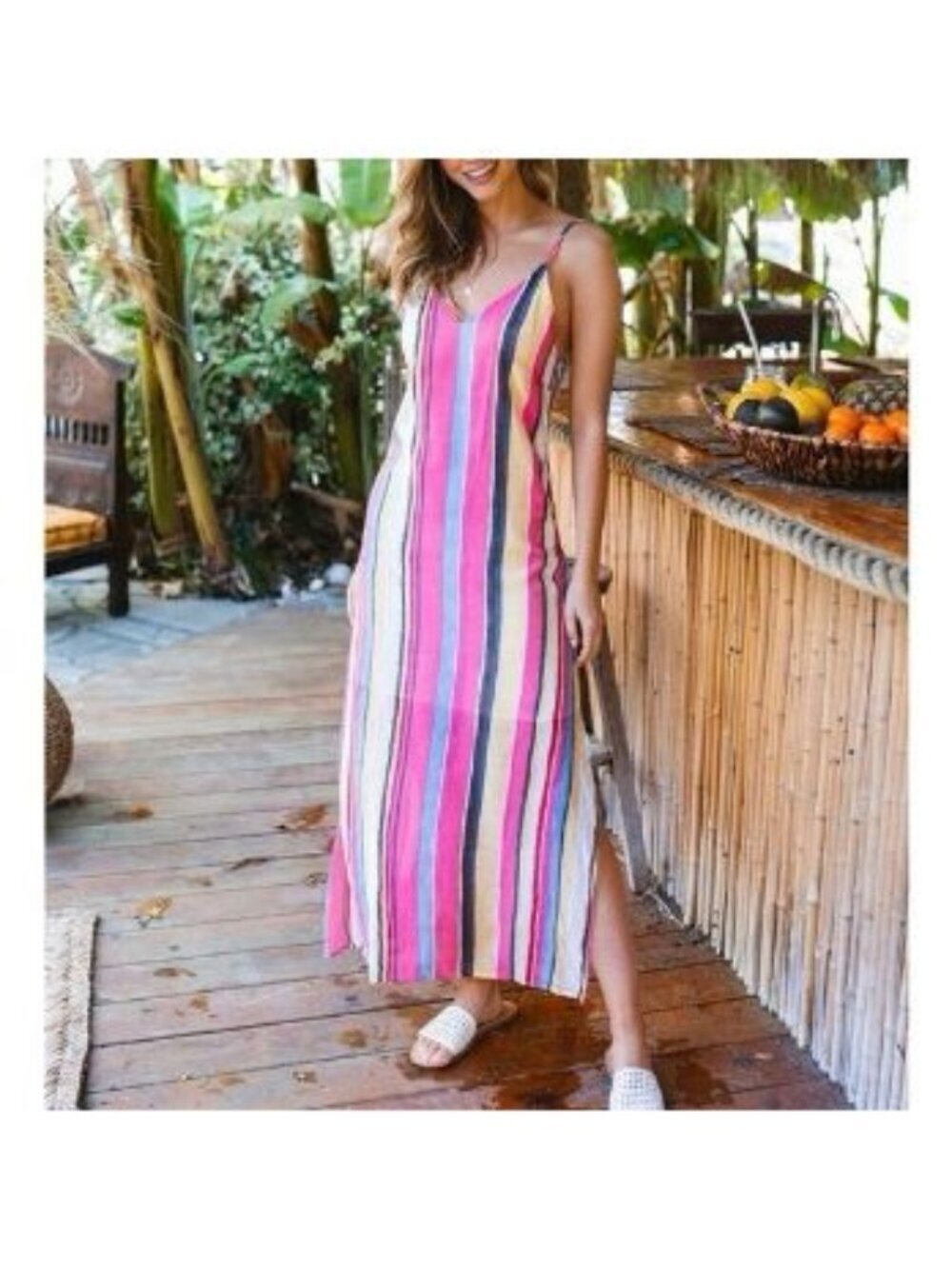 Amaryllis Womens Rainbow Pink Striped Tank Maxi Dress Zip Large Resort Beach